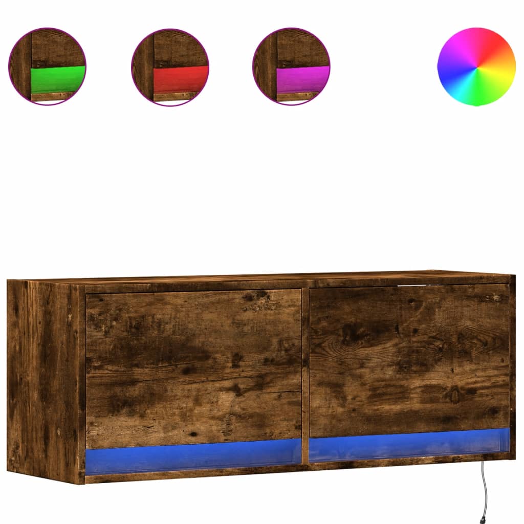 vidaXL Ścienna szafka TV z LED, przydymiony dąb, 100x31x35 cm