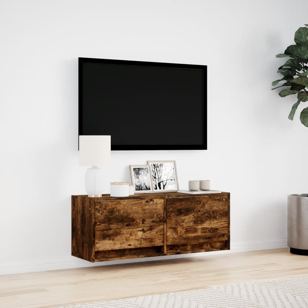vidaXL Ścienna szafka TV z LED, przydymiony dąb, 100x31x35 cm