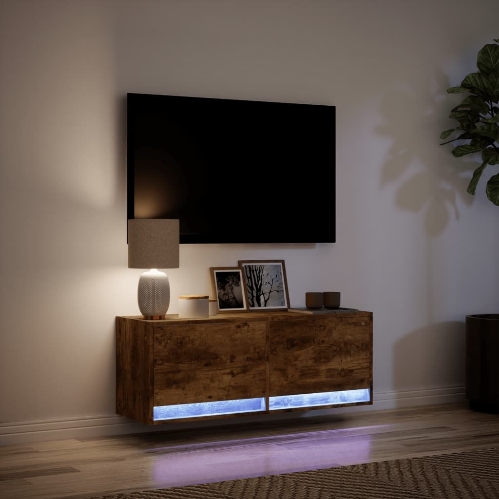 vidaXL Ścienna szafka TV z LED, przydymiony dąb, 100x31x35 cm