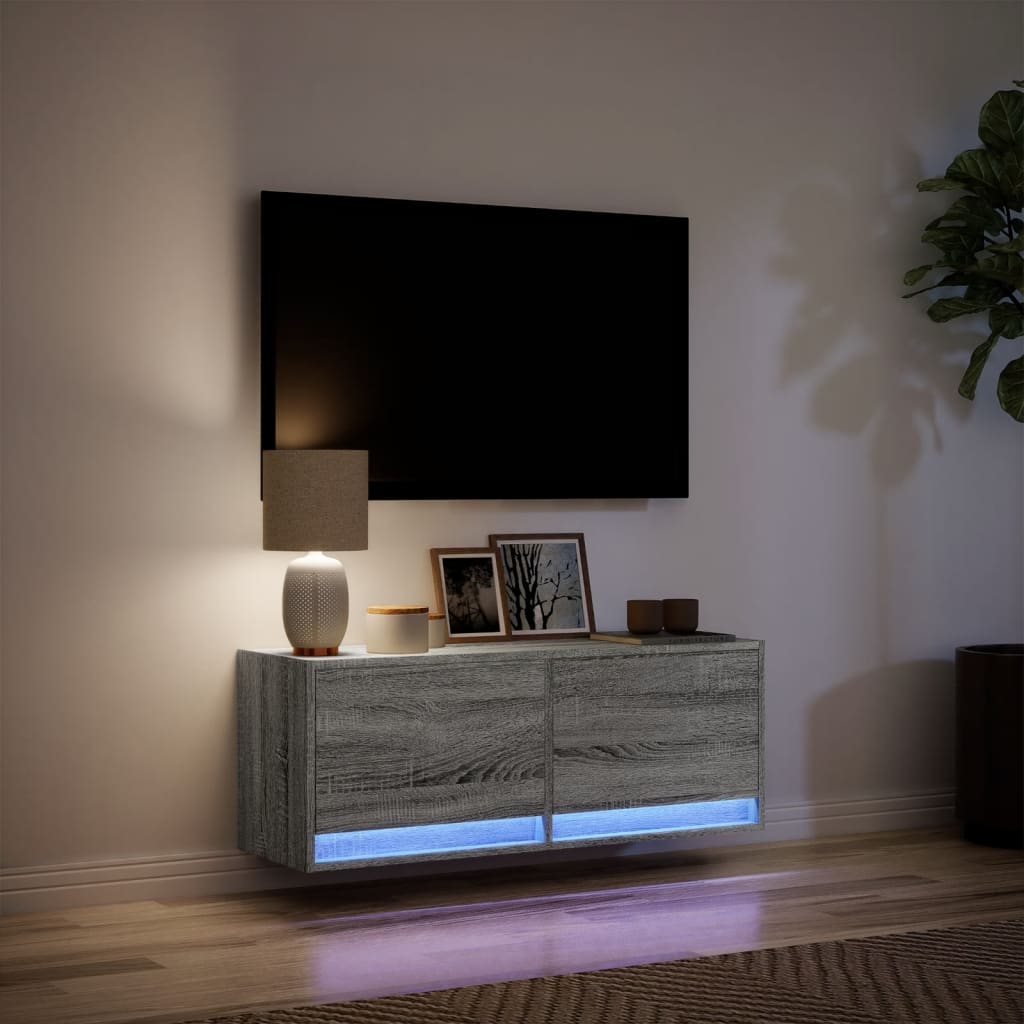 vidaXL Ścienna szafka TV z LED, szary dąb sonoma, 100x31x35 cm