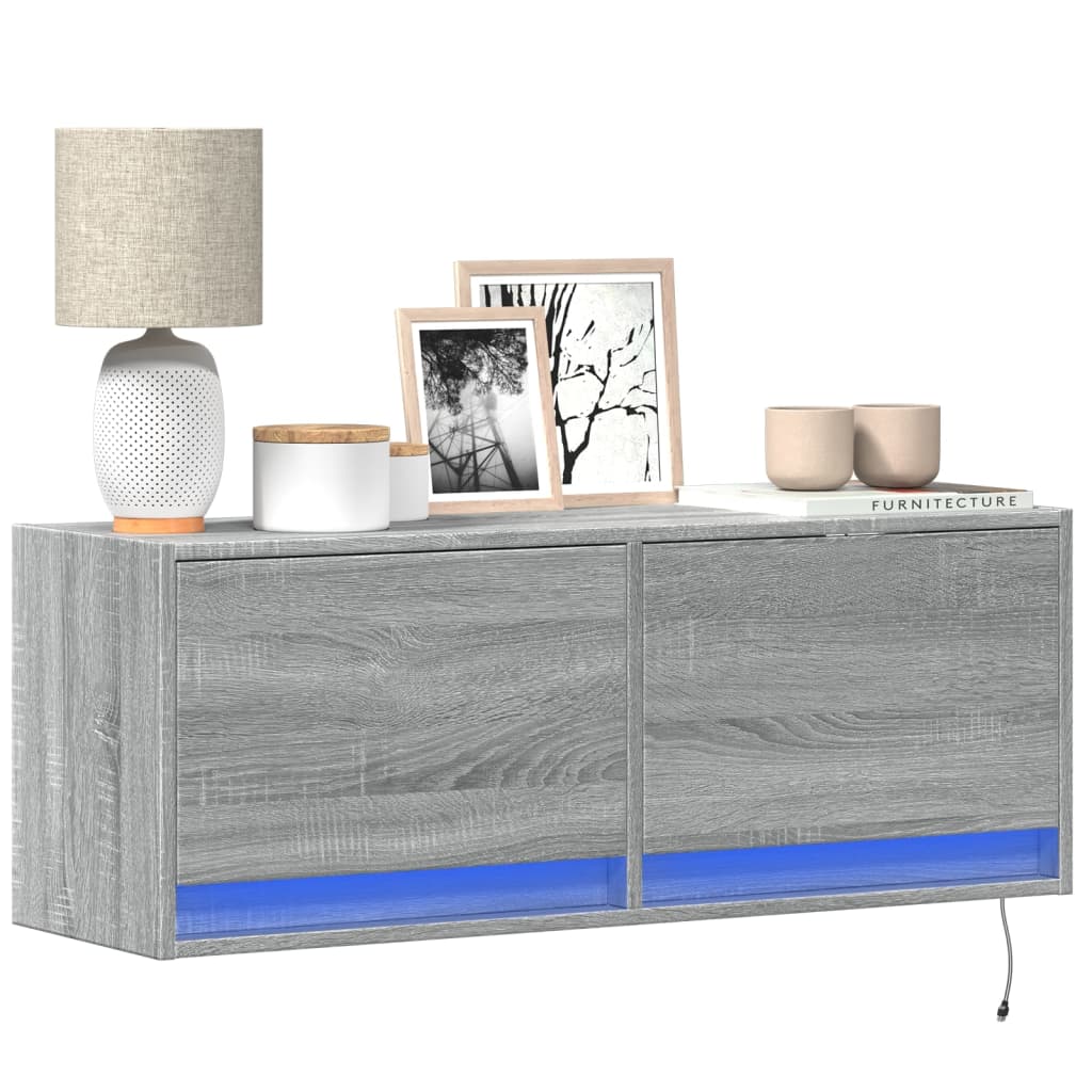 vidaXL Ścienna szafka TV z LED, szary dąb sonoma, 100x31x35 cm