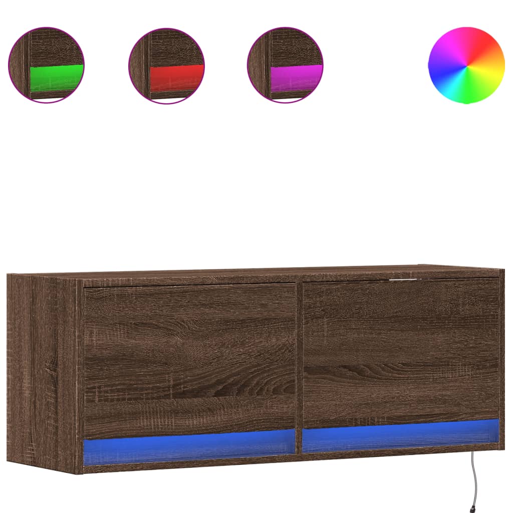 vidaXL Ścienna szafka TV z LED, brązowy dąb, 100x31x35 cm
