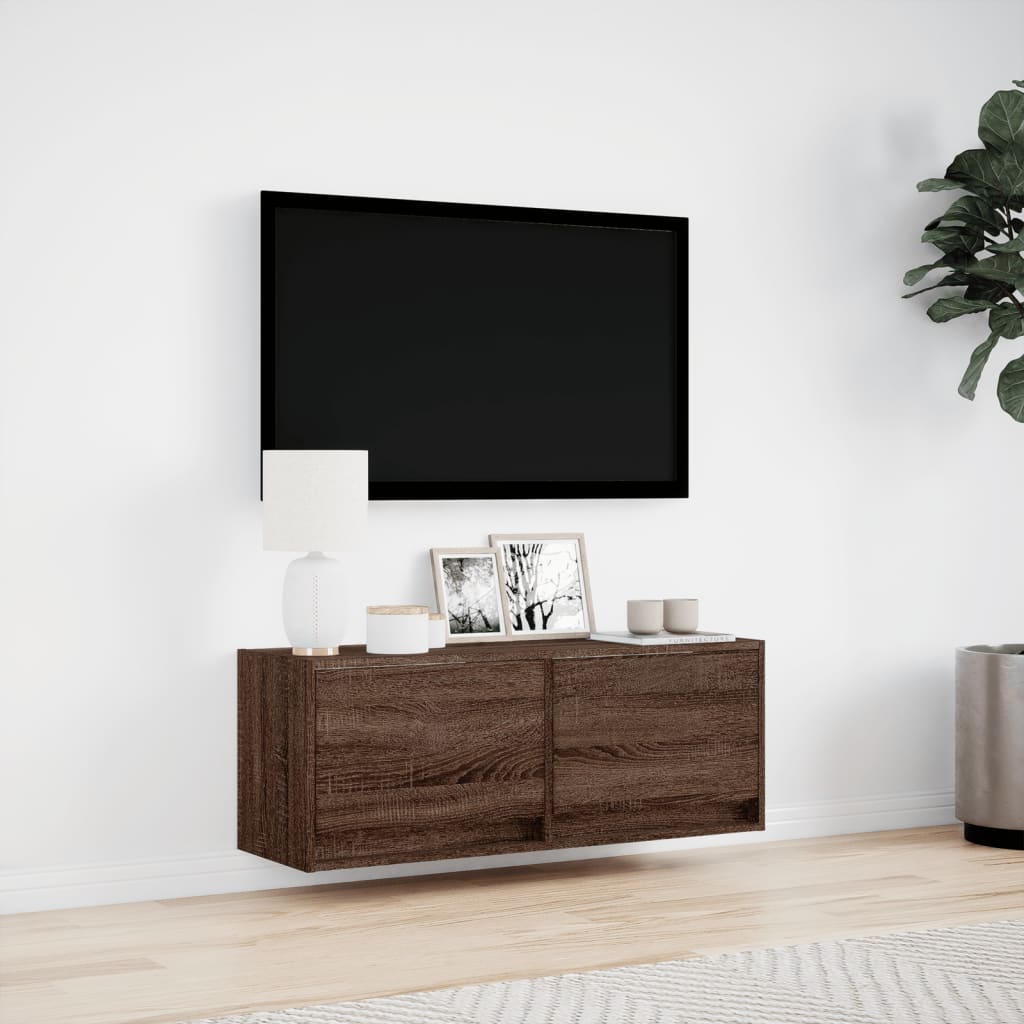 vidaXL Ścienna szafka TV z LED, brązowy dąb, 100x31x35 cm