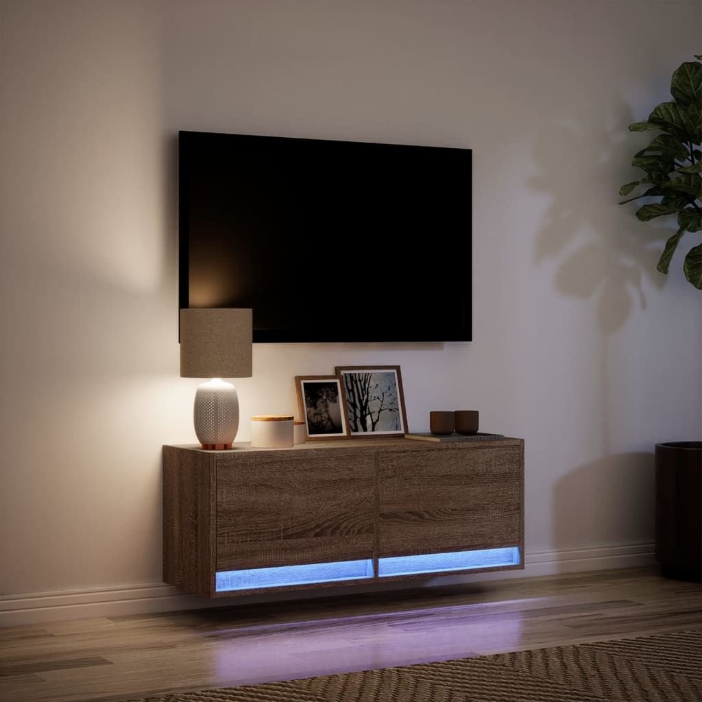 vidaXL Ścienna szafka TV z LED, brązowy dąb, 100x31x35 cm