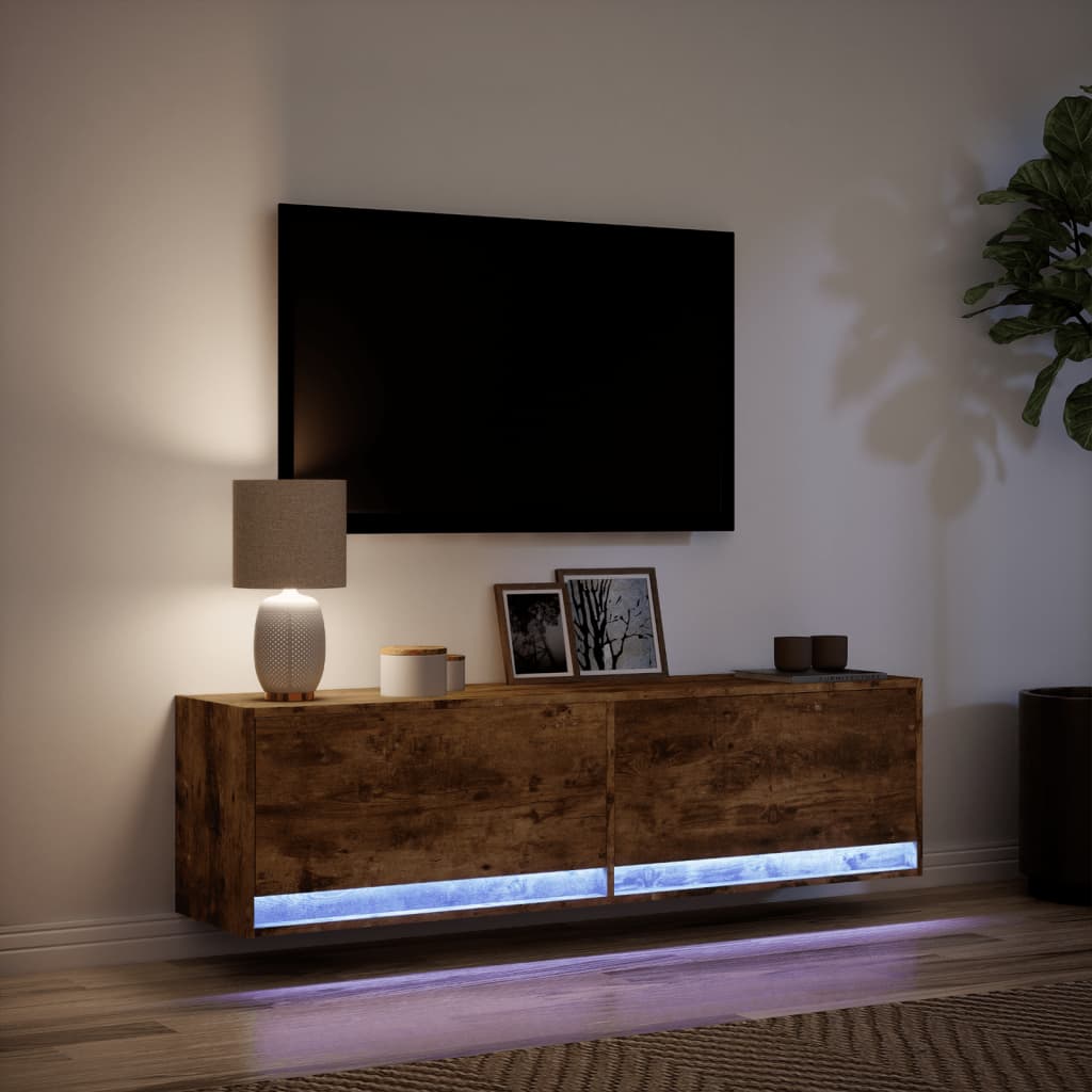 vidaXL Ścienna szafka TV z LED, przydymiony dąb, 140x31x38 cm