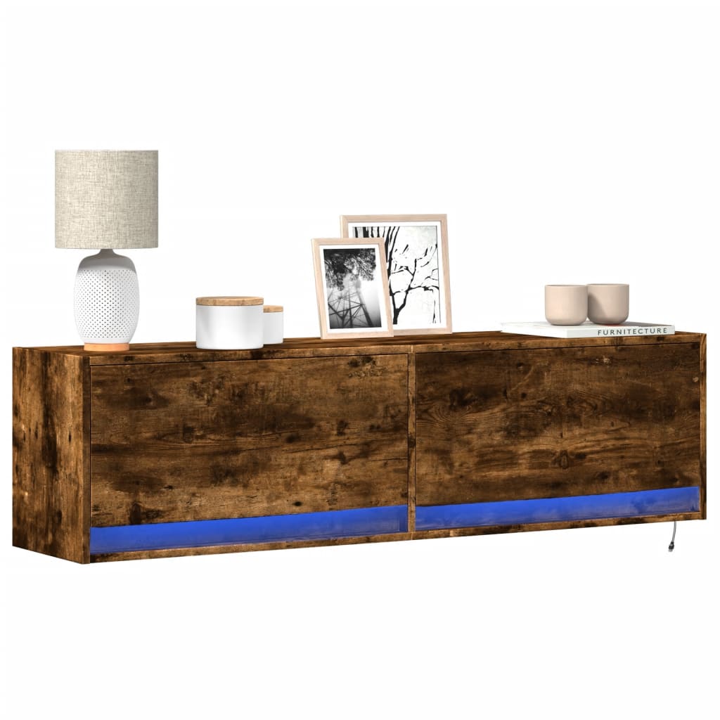 vidaXL Ścienna szafka TV z LED, przydymiony dąb, 140x31x38 cm