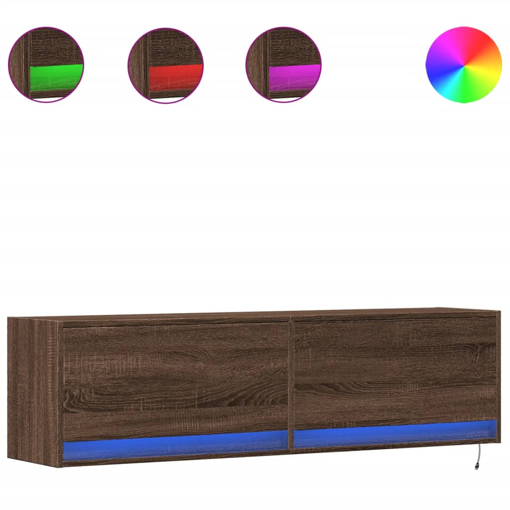 vidaXL Ścienna szafka TV z LED, brązowy dąb, 140x31x38 cm