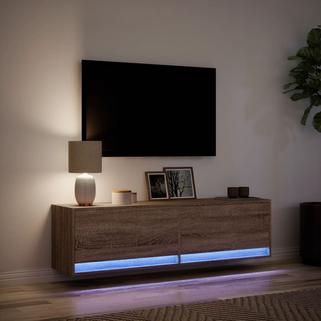 vidaXL Ścienna szafka TV z LED, brązowy dąb, 140x31x38 cm
