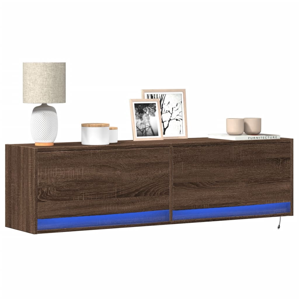 vidaXL Ścienna szafka TV z LED, brązowy dąb, 140x31x38 cm