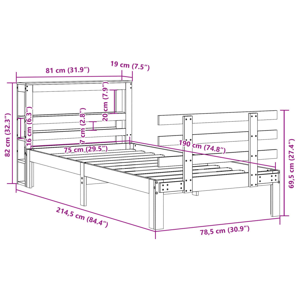 vidaXL Rama łóżka z wezgłowiem, biała, 75x190 cm, lite drewno sosnowe