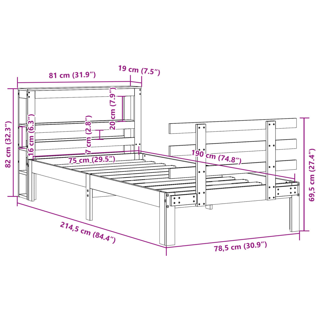vidaXL Rama łóżka z wezgłowiem, biała, 75x190 cm, lite drewno sosnowe