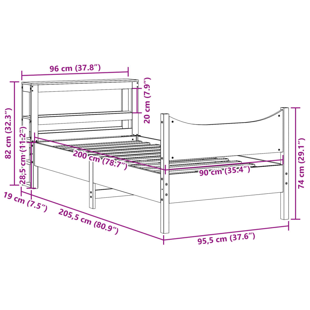 vidaXL Rama łóżka z wezgłowiem, 90x200 cm, lite drewno sosnowe
