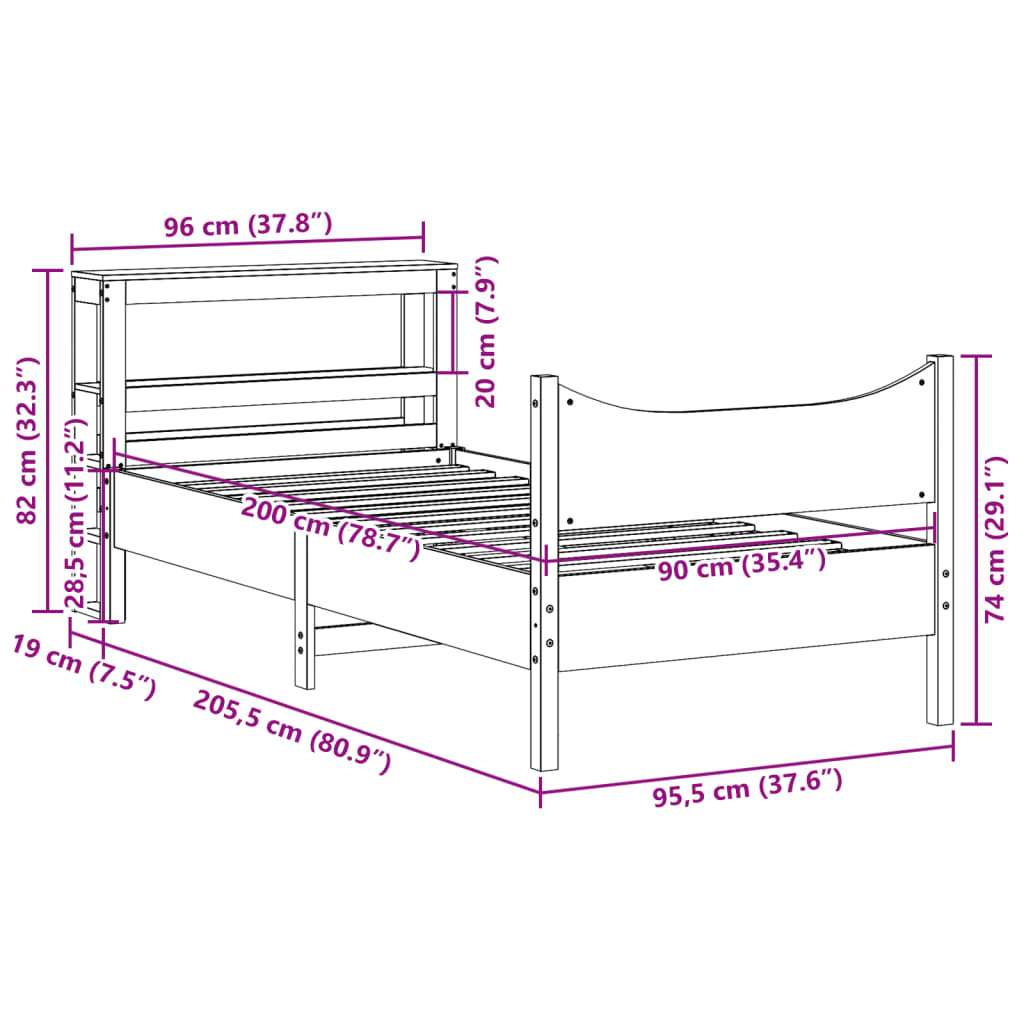 vidaXL Rama łóżka z wezgłowiem, biała, 90x200 cm, lite drewno sosnowe