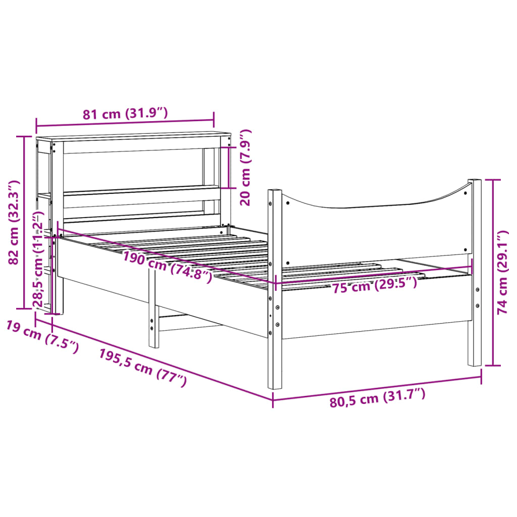 vidaXL Rama łóżka z wezgłowiem, biała, 75x190 cm, lite drewno sosnowe