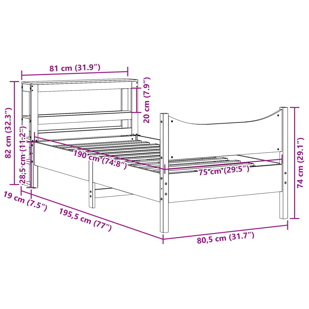 vidaXL Rama łóżka z wezgłowiem, biała, 75x190 cm, lite drewno sosnowe