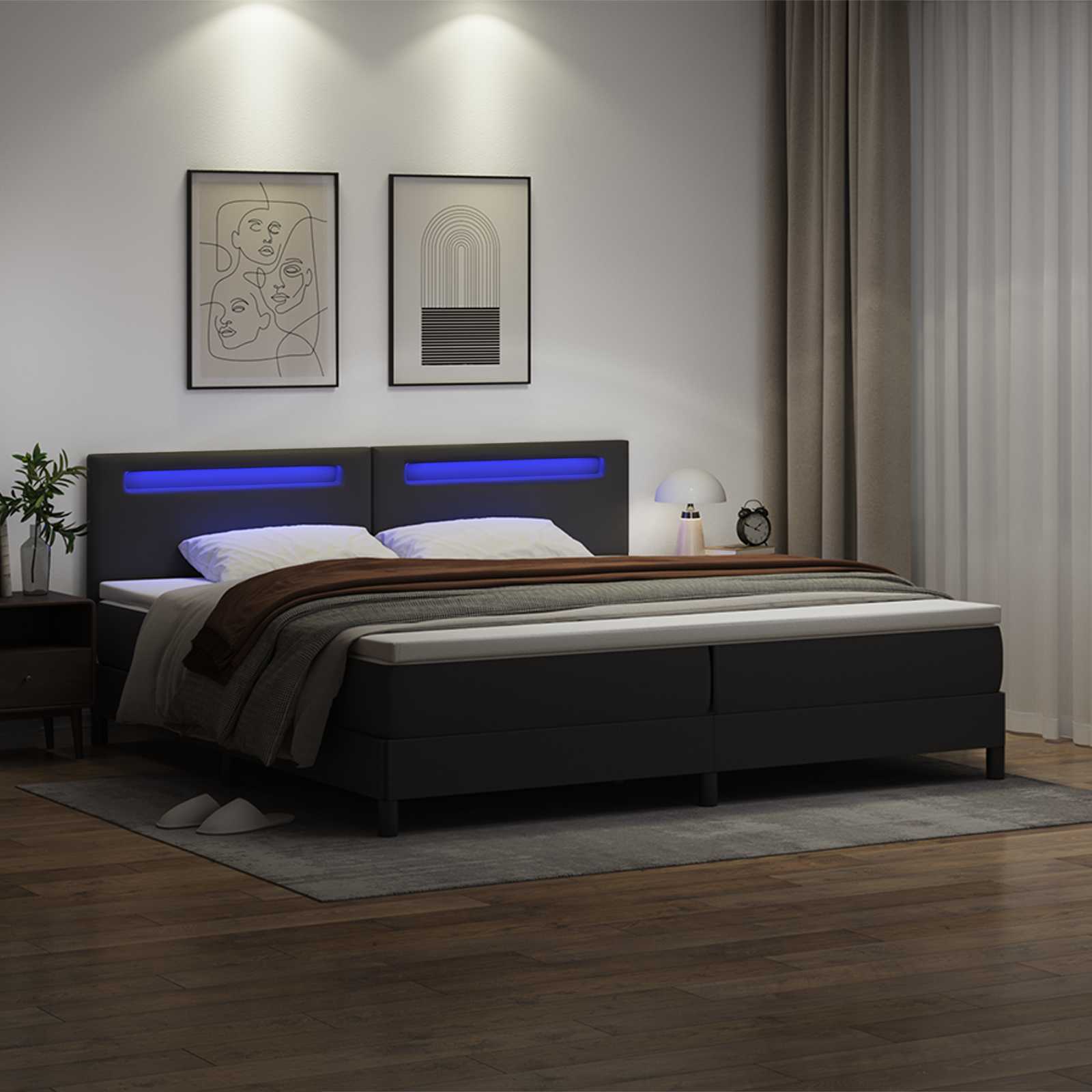 vidaXL Łóżko sprężynowe z LED Czarny 200 x 200 cm Skóra syntetyczna