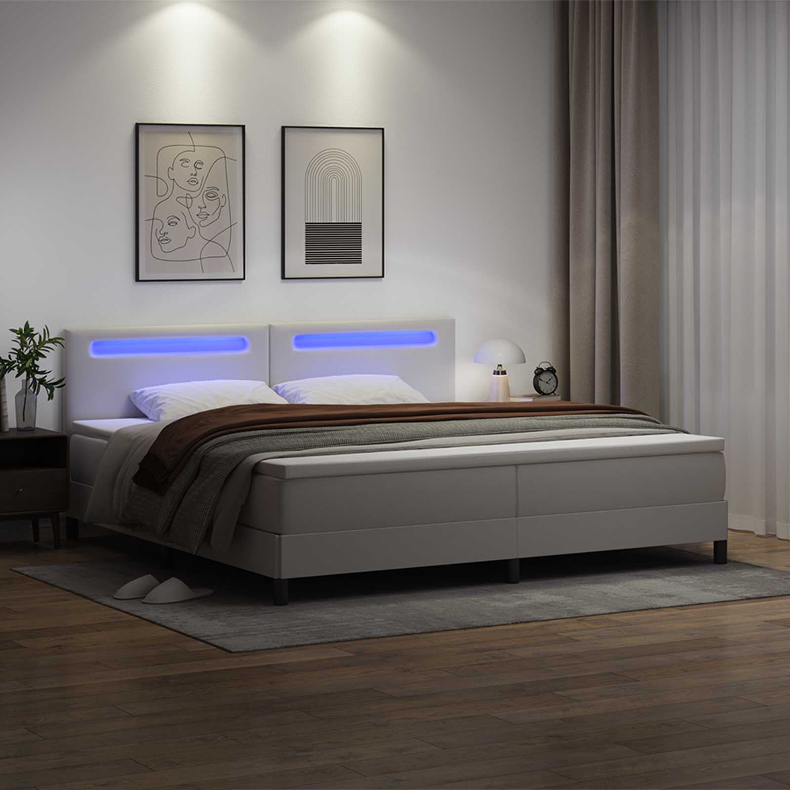 vidaXL Łóżko sprężynowe z LED Biały 200 x 200 cm Skóra syntetyczna