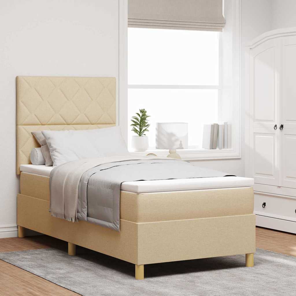vidaXL Łóżko sprężynowe Z zagłówkiem Kremowy 90 x 200 cm tkanina