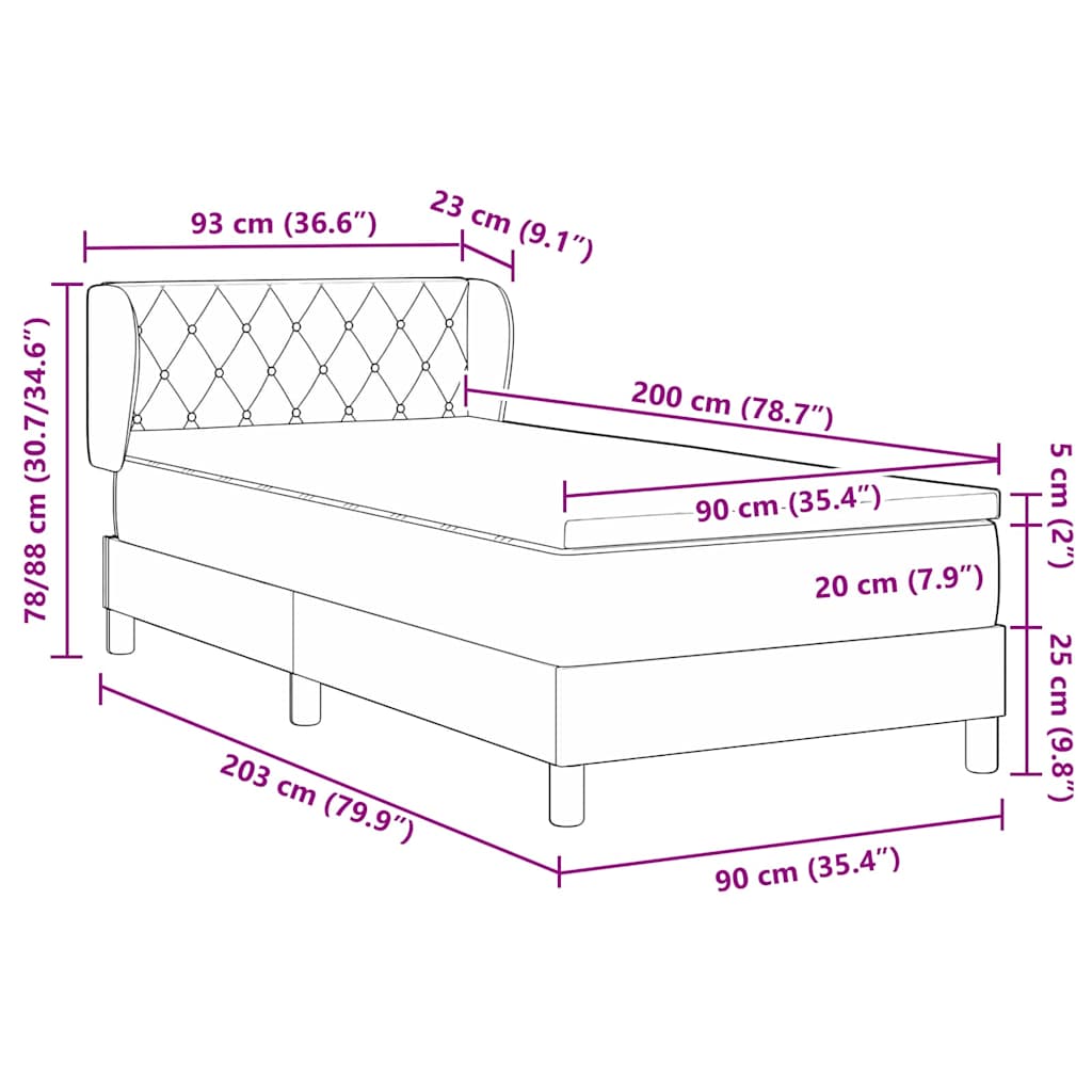 vidaXL Łóżko sprężynowe Z zagłówkiem Jasnoszary 90 x 200 cm Aksamit