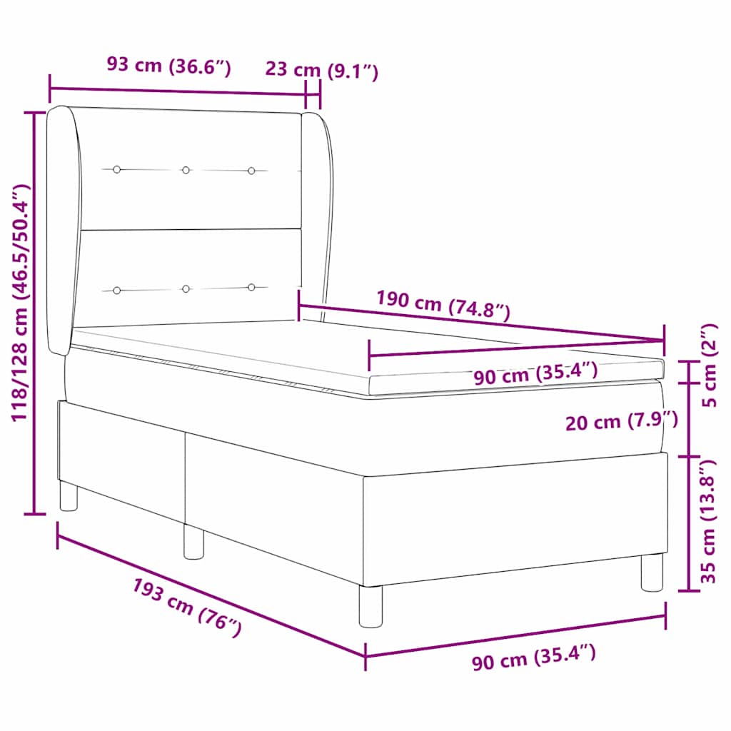 vidaXL Łóżko sprężynowe Z zagłówkiem Niebieski 90 x 190 cm tkanina