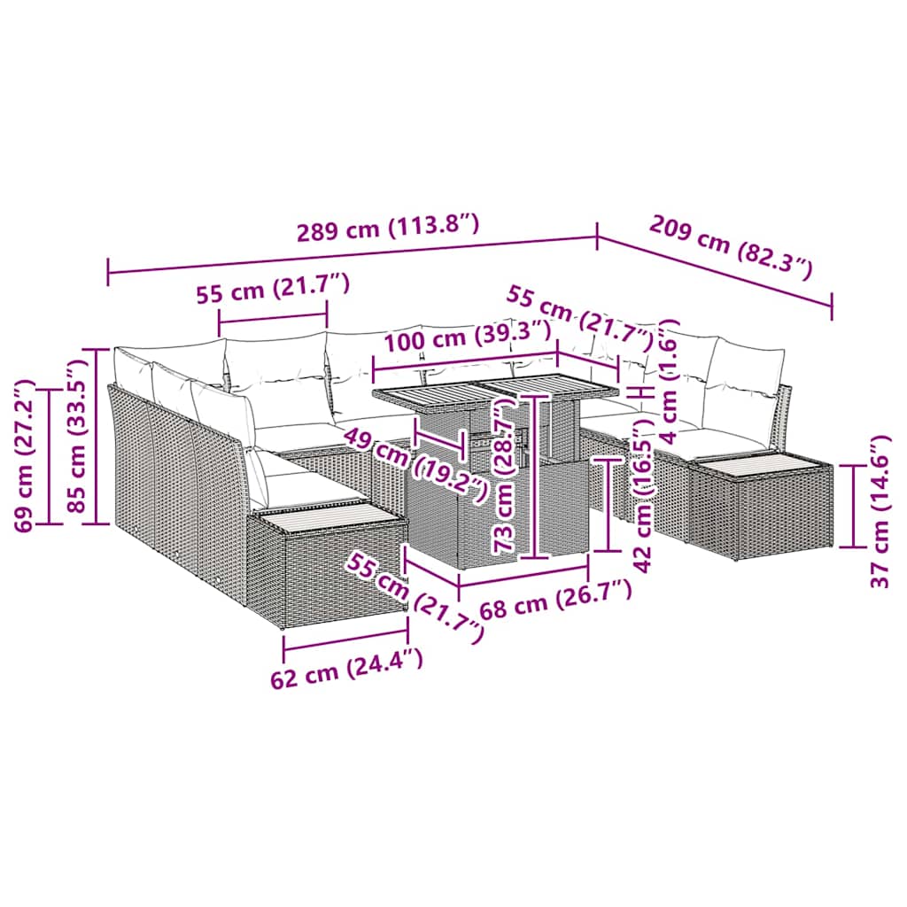 vidaXL Zestaw do jadalni w ogrodzie z poduszką 10 pcs Szary i brązowy