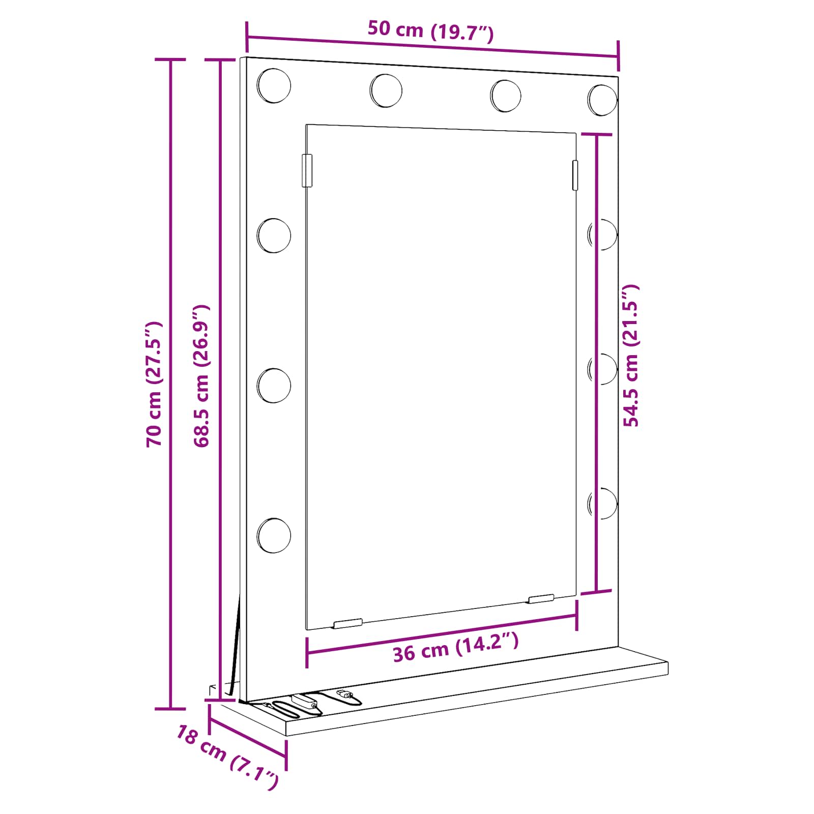 vidaXL Lustro toaletowe Prostokątny Czarny Dąb 70 x 50 x 18 cm