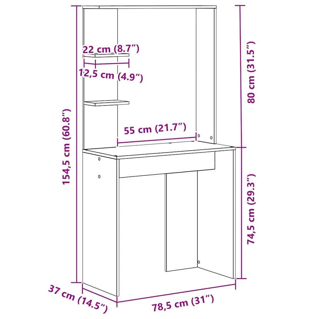 vidaXL Biurko z półką Szary Sonoma 78,5 x 37 x 154,5 cm