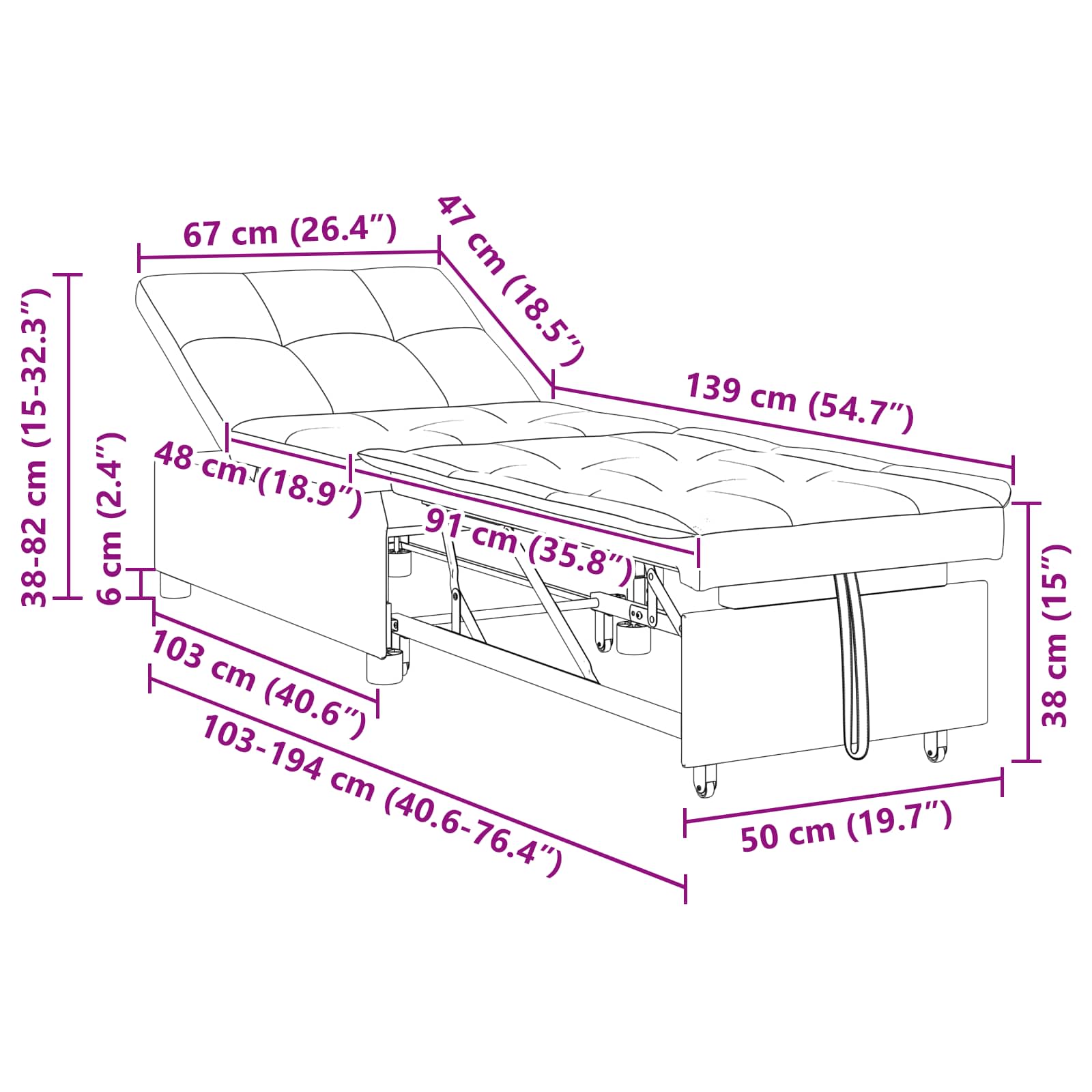 vidaXL Rozkładana sofa Czarny 194 x 67 x 82 cm Mikrofibra