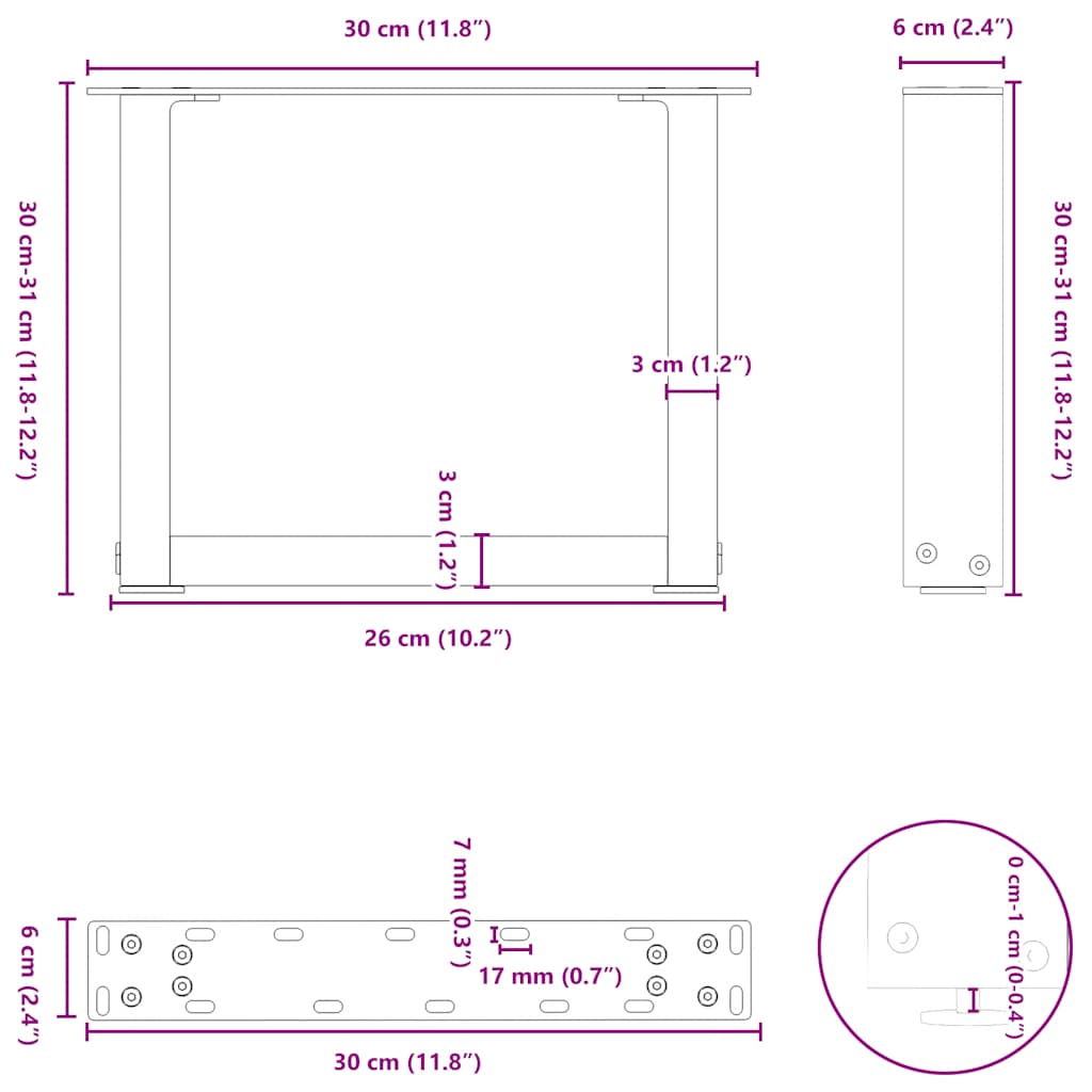 vidaXL Nogi do stolika kawowego w kształcie litery U 2 szt. Czarne 30x(30-31) cm Stal
