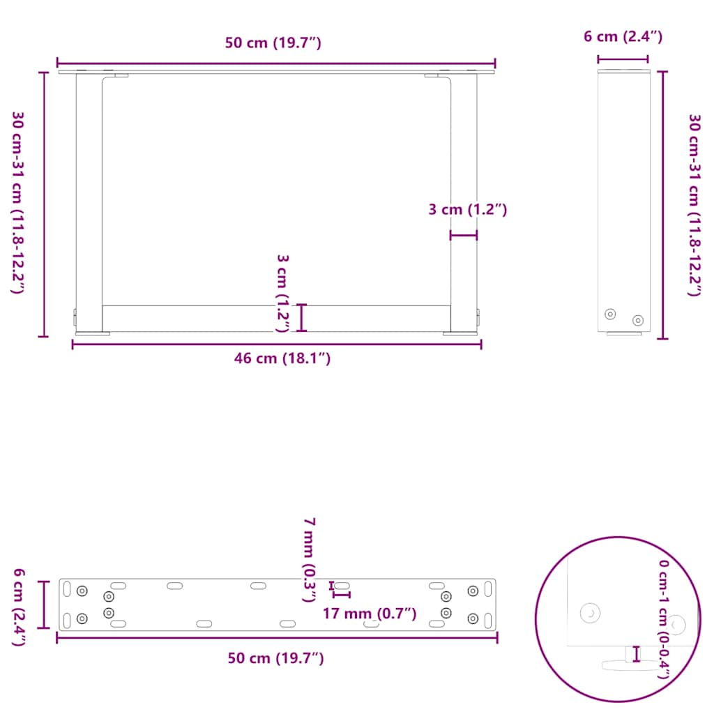 vidaXL Nogi do stolika kawowego w kształcie litery U 2 szt. Czarne 50x(30-31) cm Stal