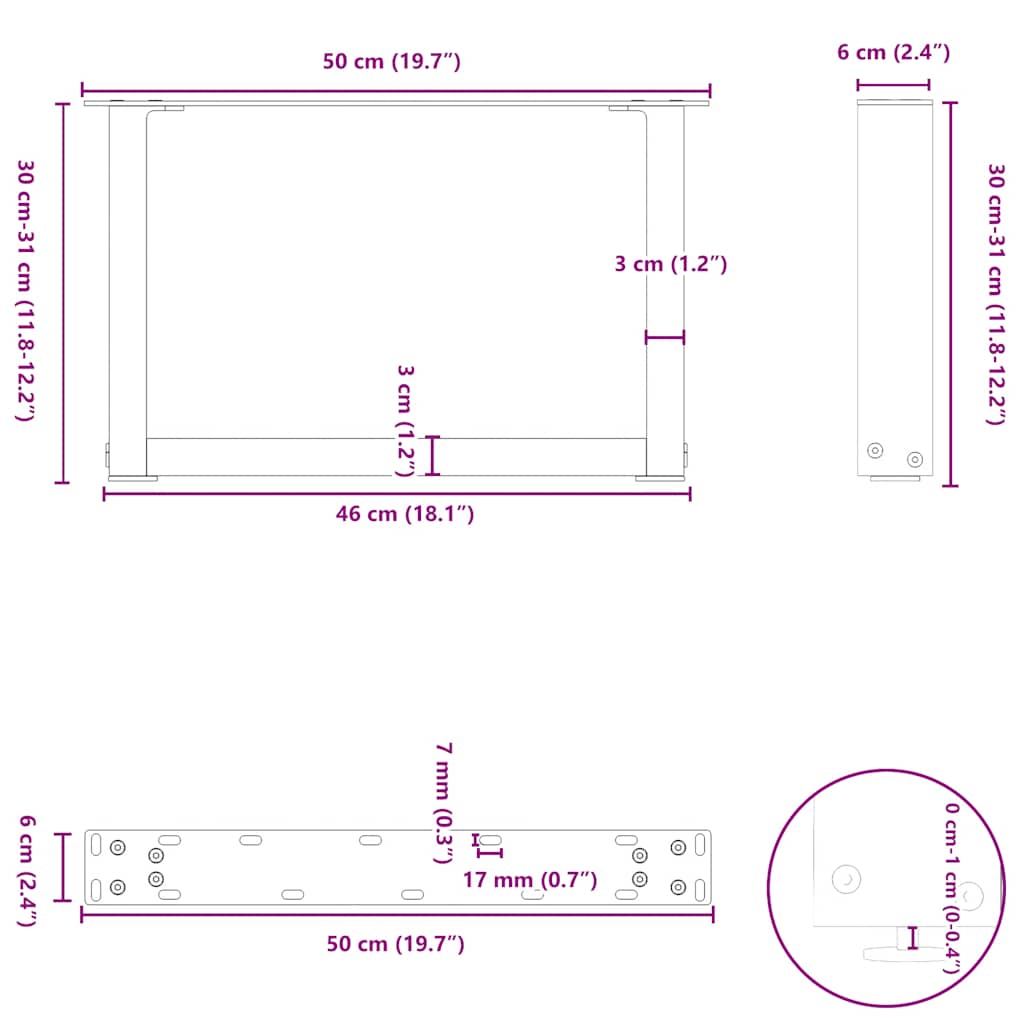 vidaXL Nogi do stolika kawowego w kształcie litery U 2 szt. Naturalna stal 50x(30-31) cm Stal
