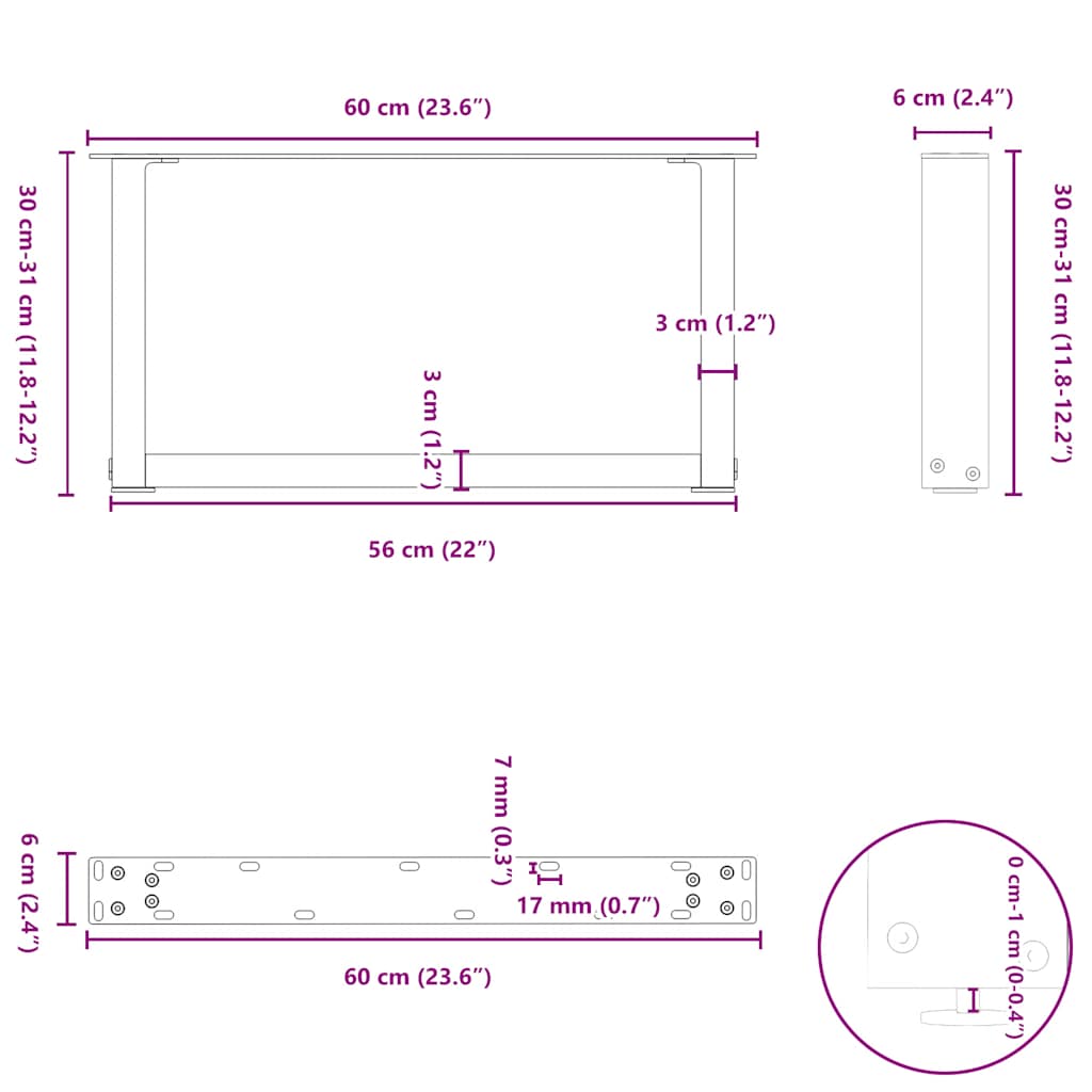 vidaXL Nogi do stolika kawowego w kształcie litery U 2 szt. Czarne 60x(30-31) cm Stal