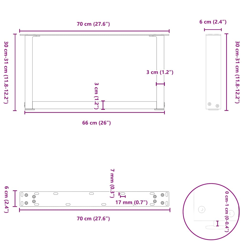 vidaXL Nogi do stolika kawowego w kształcie litery U 2 szt. Białe 70x(30-31) cm Stal