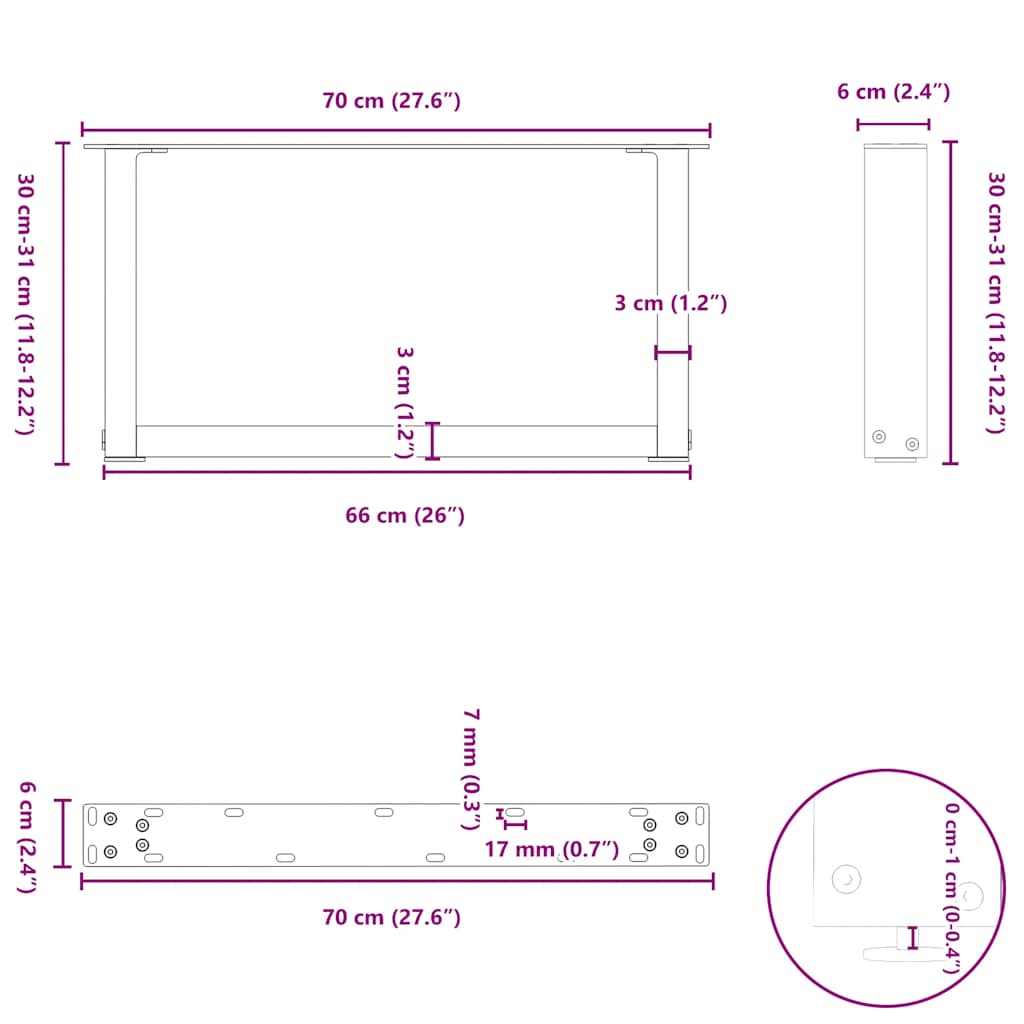 vidaXL Nogi do stolika kawowego w kształcie litery U 2 szt. Antracyt 70x(30-31) cm Stal