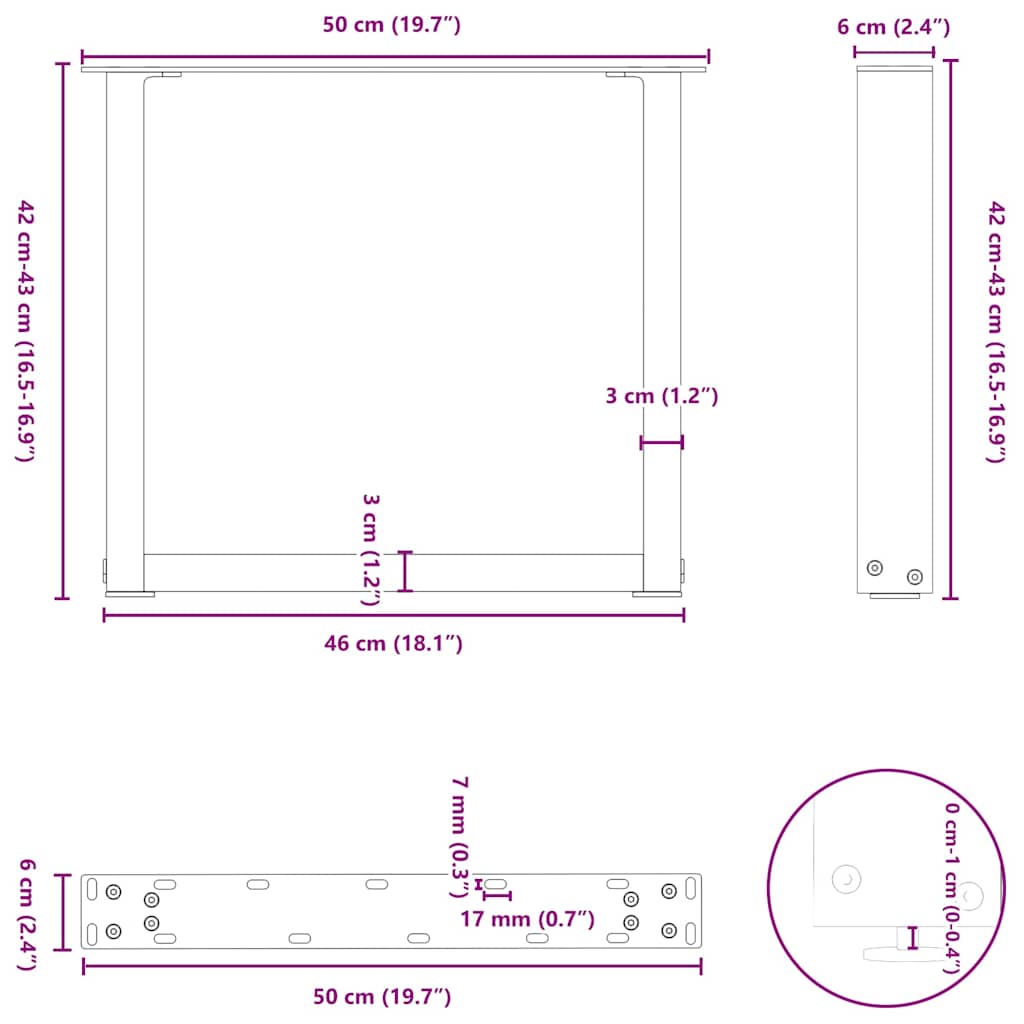 vidaXL Nogi do stolika kawowego w kształcie litery U 2 szt. Czarne 50x(42-43) cm Stal