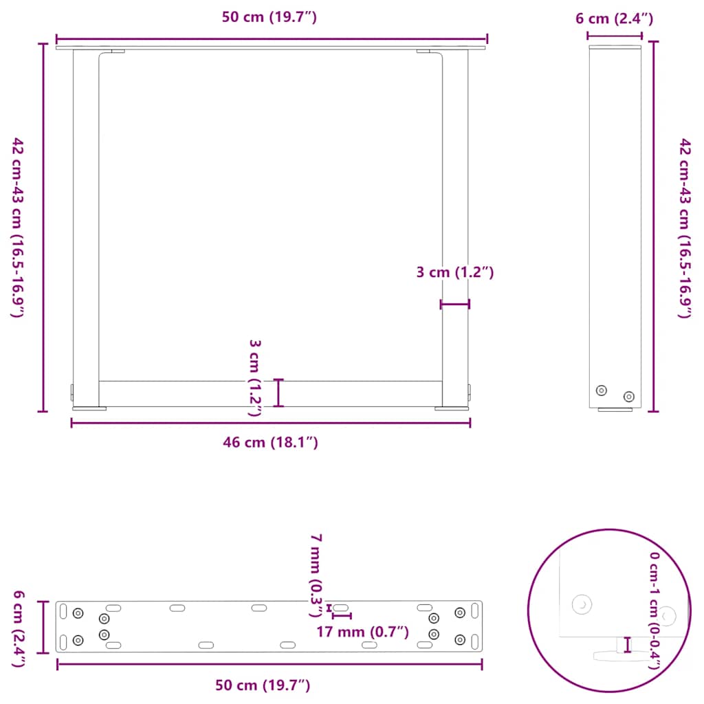 vidaXL Nogi do stolika kawowego w kształcie litery U 2 szt. Naturalna stal 50x(42-43) cm Stal