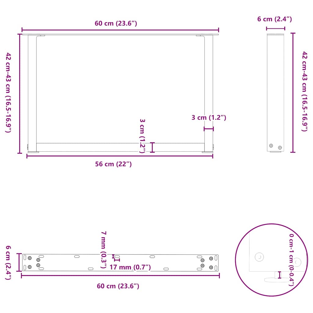 vidaXL Nogi do stolika kawowego w kształcie litery U 2 szt. Czarne 60x(42-43) cm Stal
