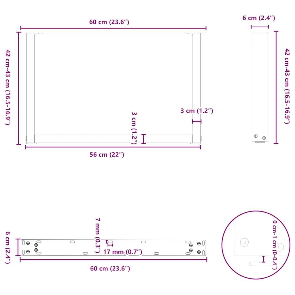 vidaXL Nogi do stolika kawowego w kształcie litery U 2 szt. Naturalna stal 60x(42-43) cm Stal