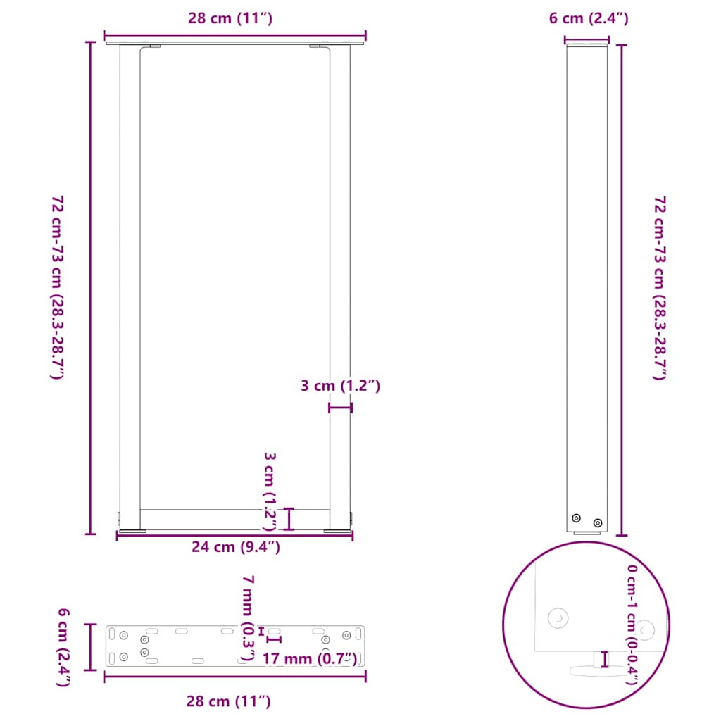 vidaXL Nogi do stołu konsolowego w kształcie litery U 2 szt. Czarne 28x(72-73) cm Stal