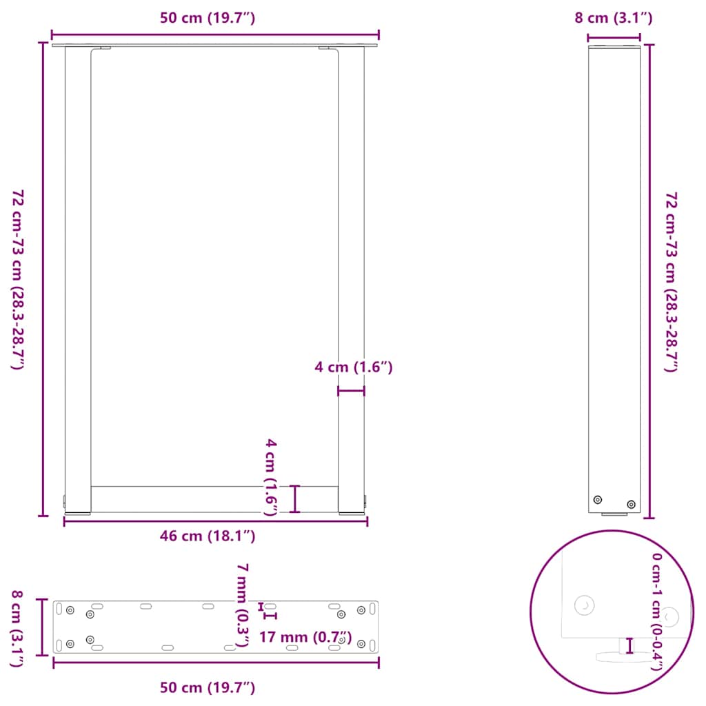 vidaXL Nogi do stołu jadalnego w kształcie litery U 2 szt. Czarne 50x(72-73) cm Stal