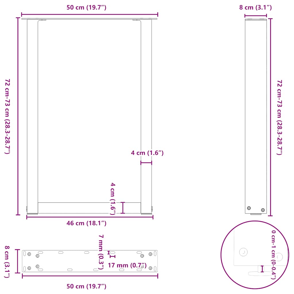 vidaXL Nogi do stołu jadalnego w kształcie litery U 2 szt. Białe 50x(72-73) cm Stal