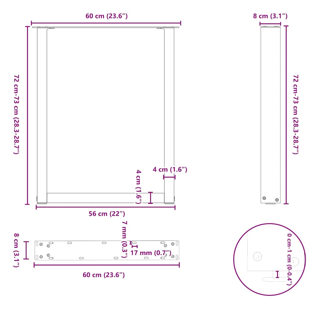 vidaXL Nogi do stołu jadalnego w kształcie litery U 2 szt. Naturalna stal 60x(72-73) cm Stal