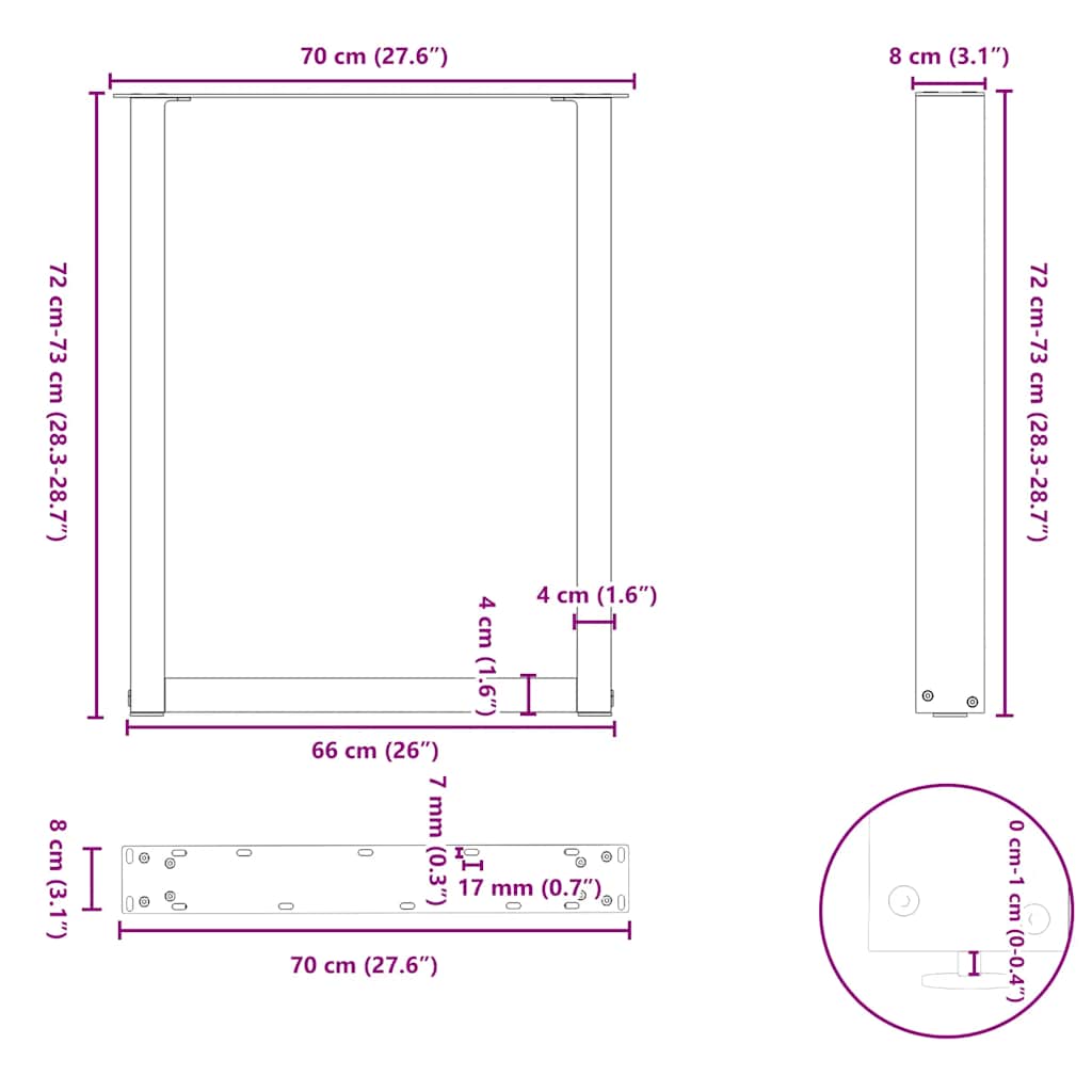 vidaXL Nogi do stołu jadalnego w kształcie litery U 2 szt. Białe 70x(72-73) cm Stal