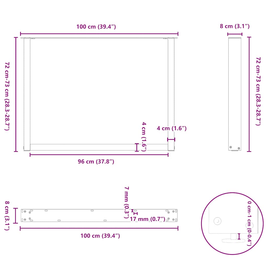 vidaXL Nogi do stołu jadalnego w kształcie litery U 2 szt. Czarne 100x(72-73) cm Stal