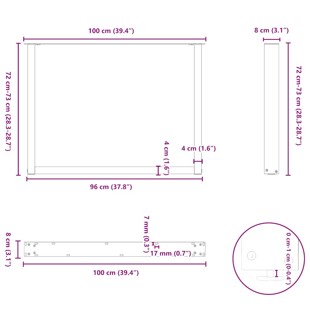 vidaXL Nogi do stołu jadalnego w kształcie litery U 3 szt. Czarne 100x(72-73) cm Stal