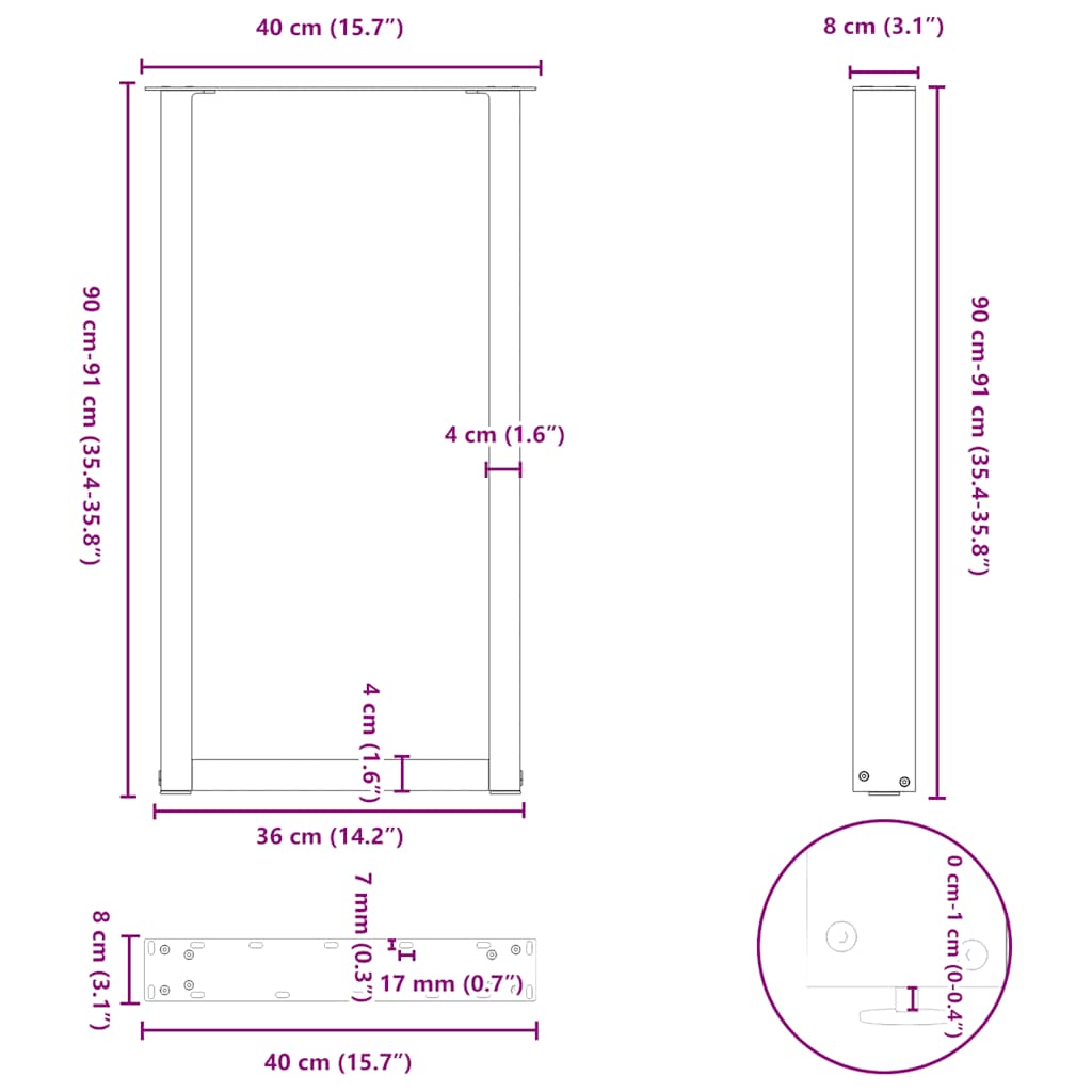 vidaXL Nogi do stołu barowego w kształcie litery U 2 szt. Białe 40x(90-91) cm Stal