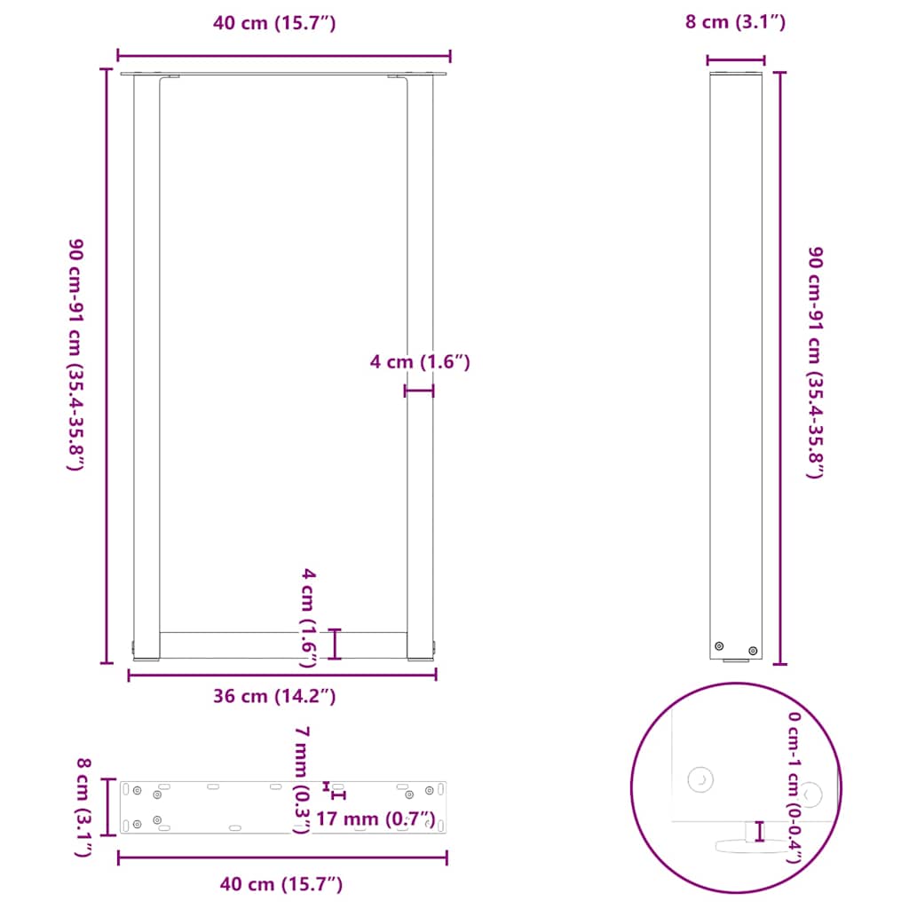 vidaXL Nogi do stołu barowego w kształcie litery U 2 szt. Naturalna stal 50x(90-91) cm Stal