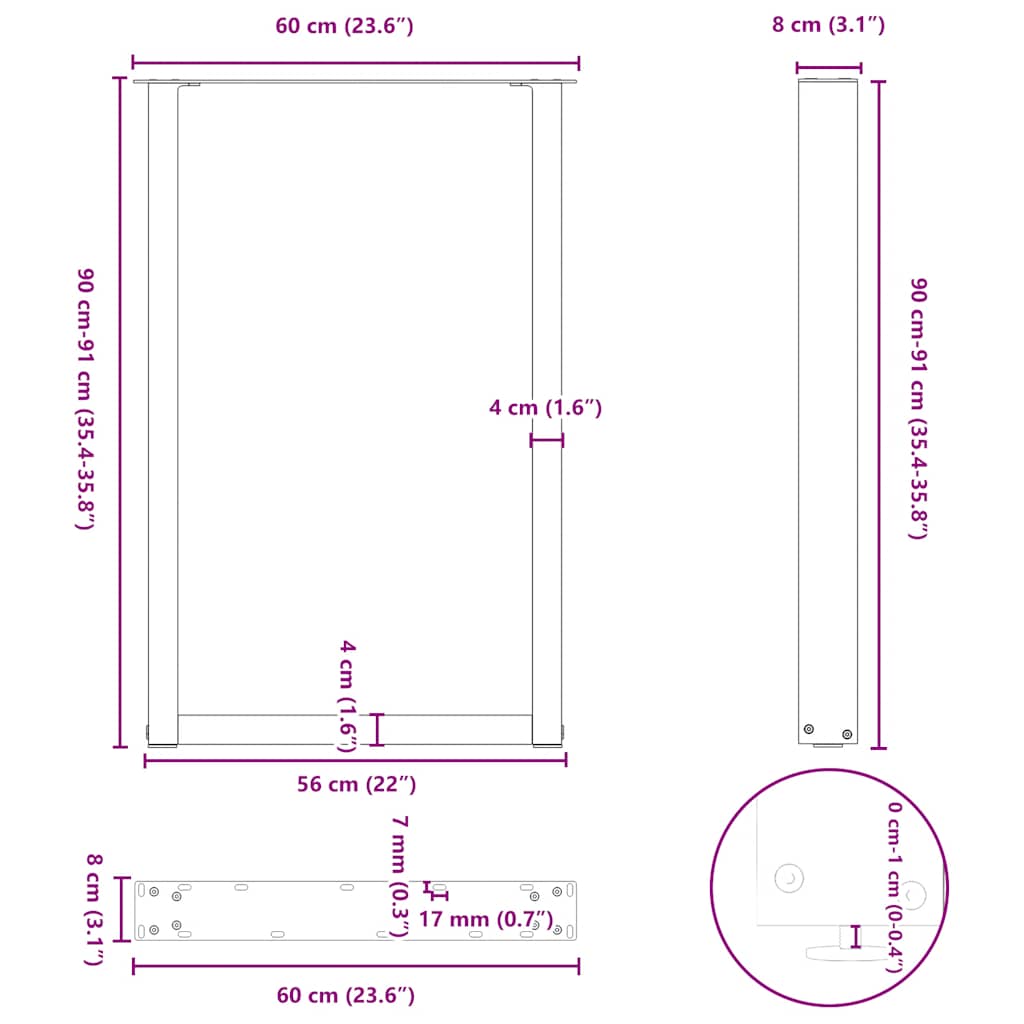 vidaXL Nogi do stołu barowego w kształcie litery U 2 szt. Białe 60x(90-91) cm Stal