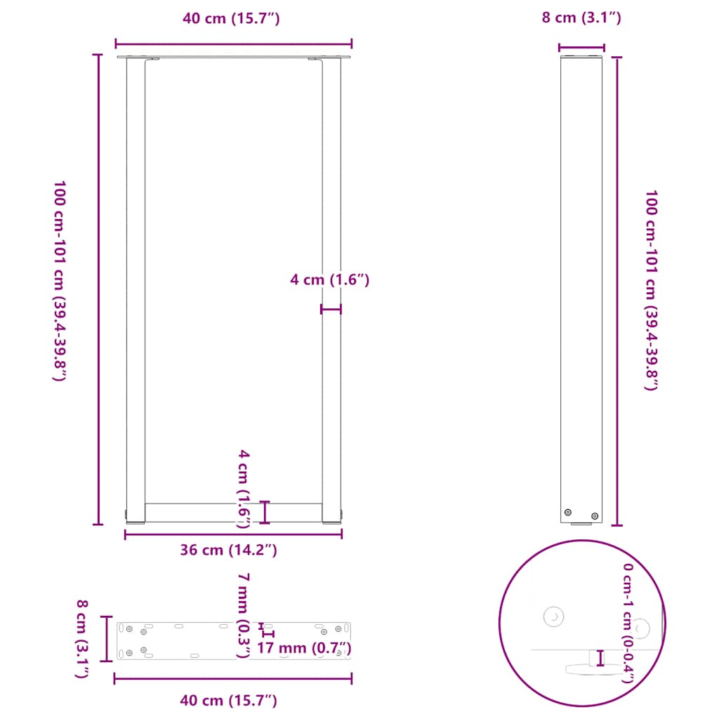 vidaXL Nogi do stołu barowego w kształcie litery U 2 szt. Białe 40x(100-101) cm Stal