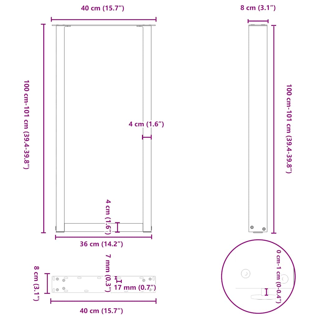 vidaXL Nogi do stołu barowego w kształcie litery U 2 szt. Naturalna stal 40x(100-101) cm Stal